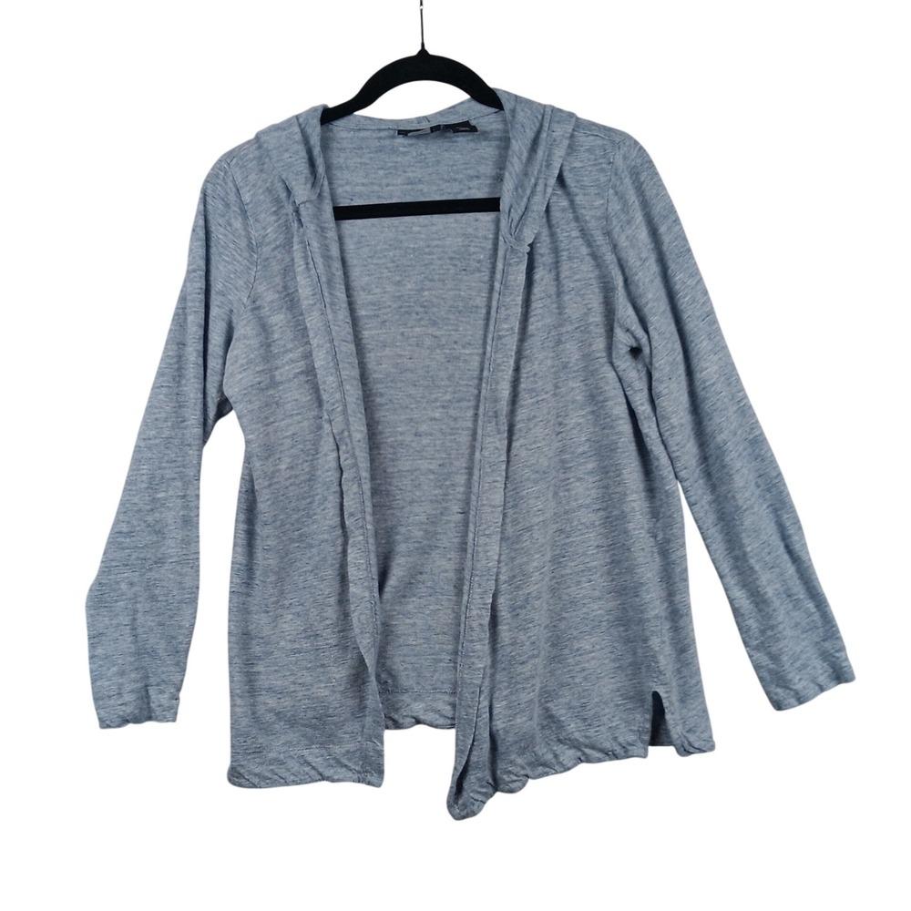 Tahari Linen Hoodie Cardigan Light Blue Heathered Open Front Women's Size L